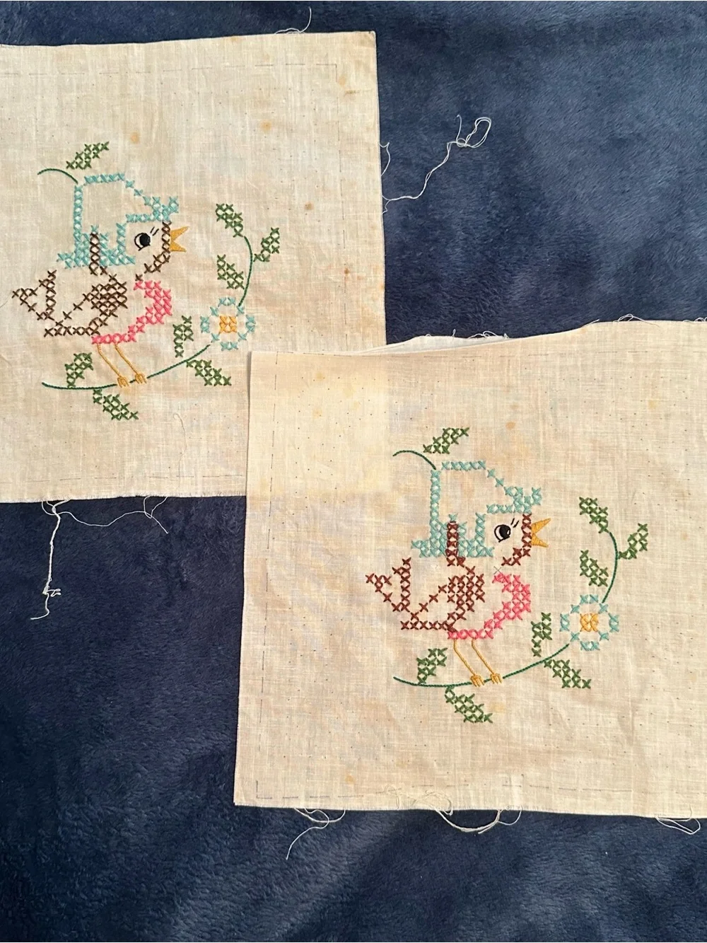 Vintage Whacky Birds Hand-Embroidered Cotton 9x9 Baby Quilt Blocks - 12 Complete